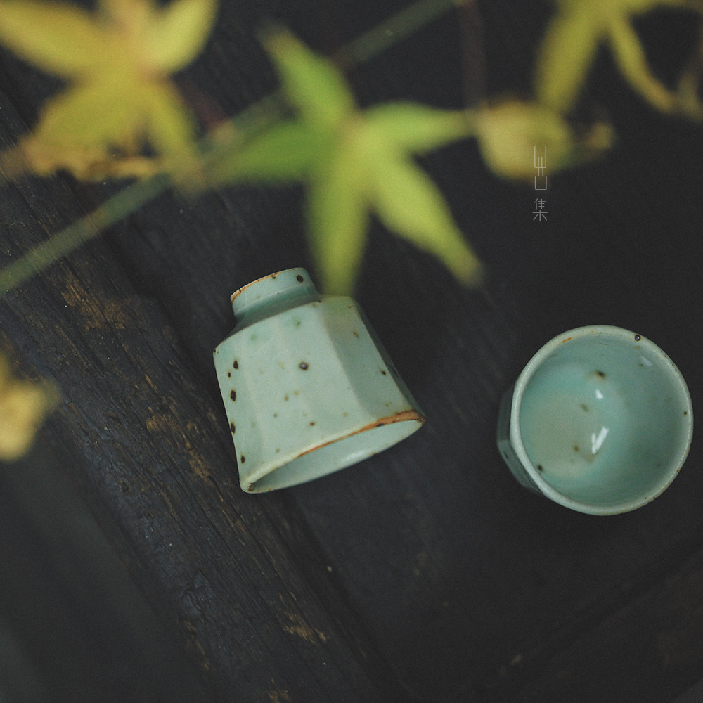 Japanese-style raw ore cut surface green glaze tea cup handmade rough pottery tea props single cup) concave-convex set