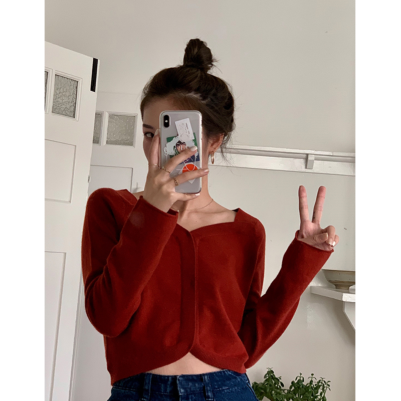 Mùa xuân và mùa thu ngắn nhìn cơ thể mỏng eo cao phụ nữ Pháp mới retro cổ knitsweater của tiếp xúc rốn dài tay áo bất hòa áo len