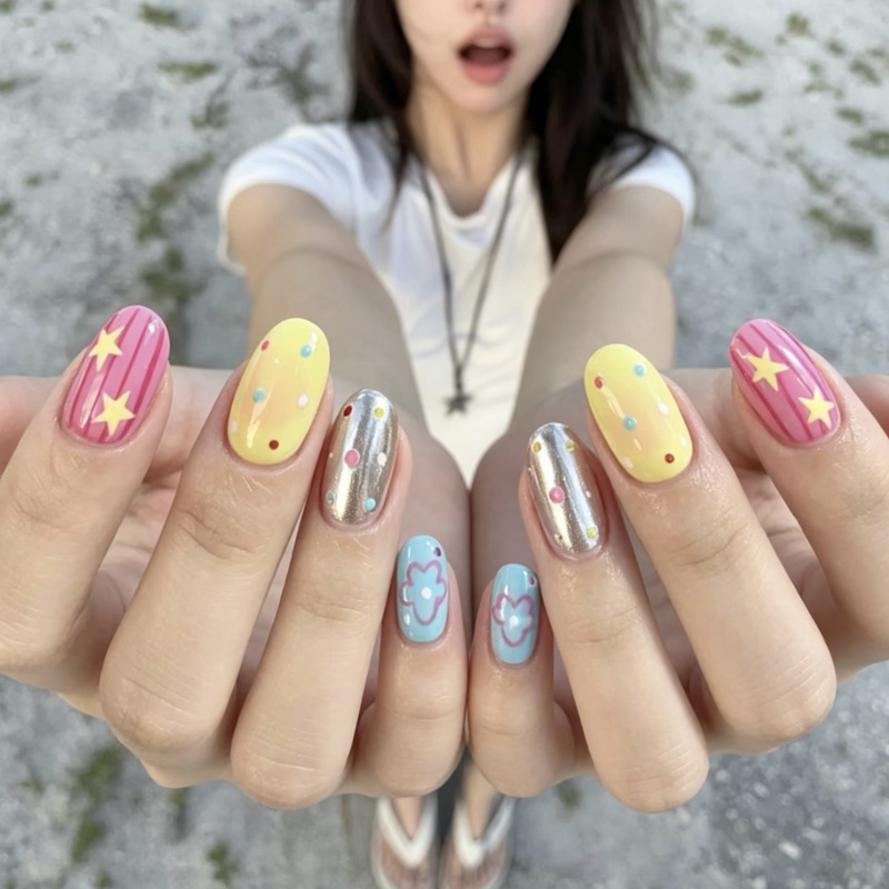Colorful Nail Stickers Summer Cute Dopamine Star Polka Dot Flower Pattern Nail Wear-On Nails Vacation Manicure