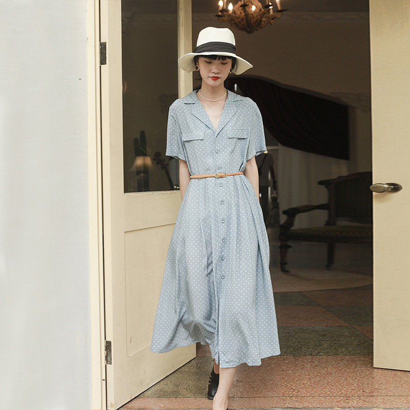 European station summer new polka dot shirt long skirt literary style temperament European and American style waist ladies European goods dress