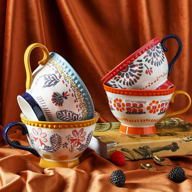 Oatmeal Breakfast Ceramic Cup American Country Family Geometric Pastoral Style Hand-Painted Underglaze Color Large Capacity Petty Bourgeoisie Life Oatmeal Breakfast Ceramic Cup American Country Family Geometric Pastoral Style Hand-Painted Underglaze Color Large Capacity Petty Bourgeoisie Life