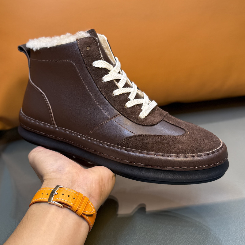 Korean Boutique Winter Warm Wool Integrated High-Top Shoes for Men, Leather Patchwork Fashionable Snow Boots, Cold-Resistant Casual Shoes
