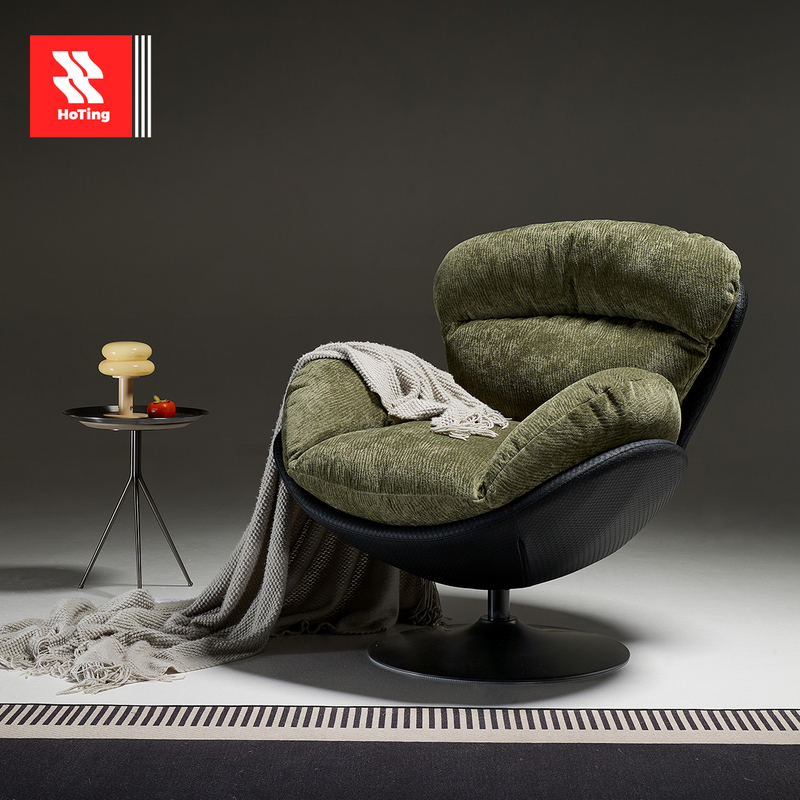Relax Down-Filled Single Swivel Chair with Removable and Washable Cover, Italian-Style Light Luxury Fabric Eggshell Chair, Modern Minimalist Living Room