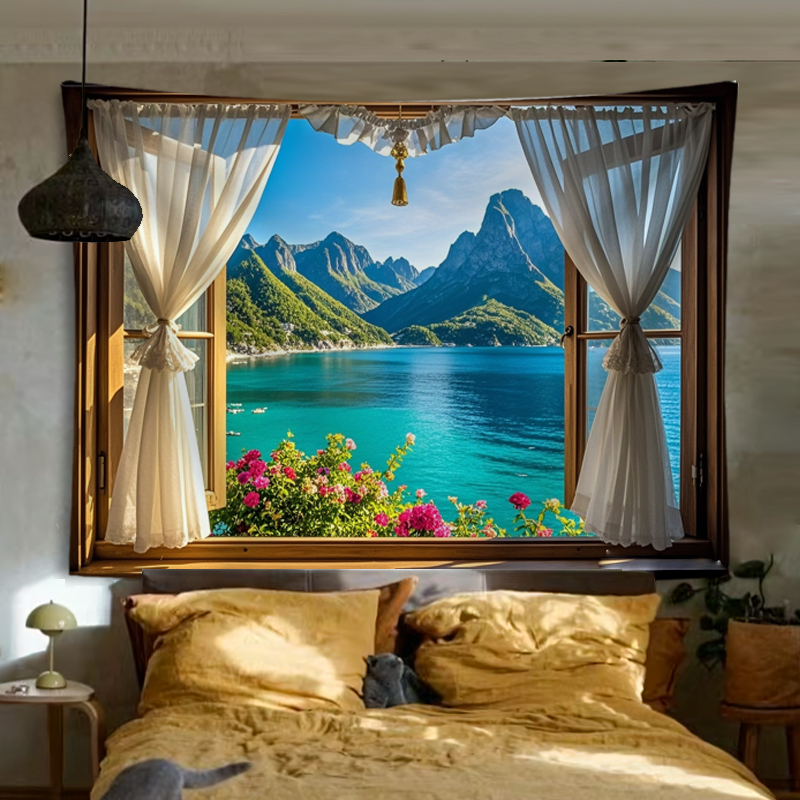 Window Scenery Landscape Background Cloth Healing Tapestry Bedroom Wall Cloth Background Wall Painting Cloth Cover-Up Tapestry Bedside Tapestry