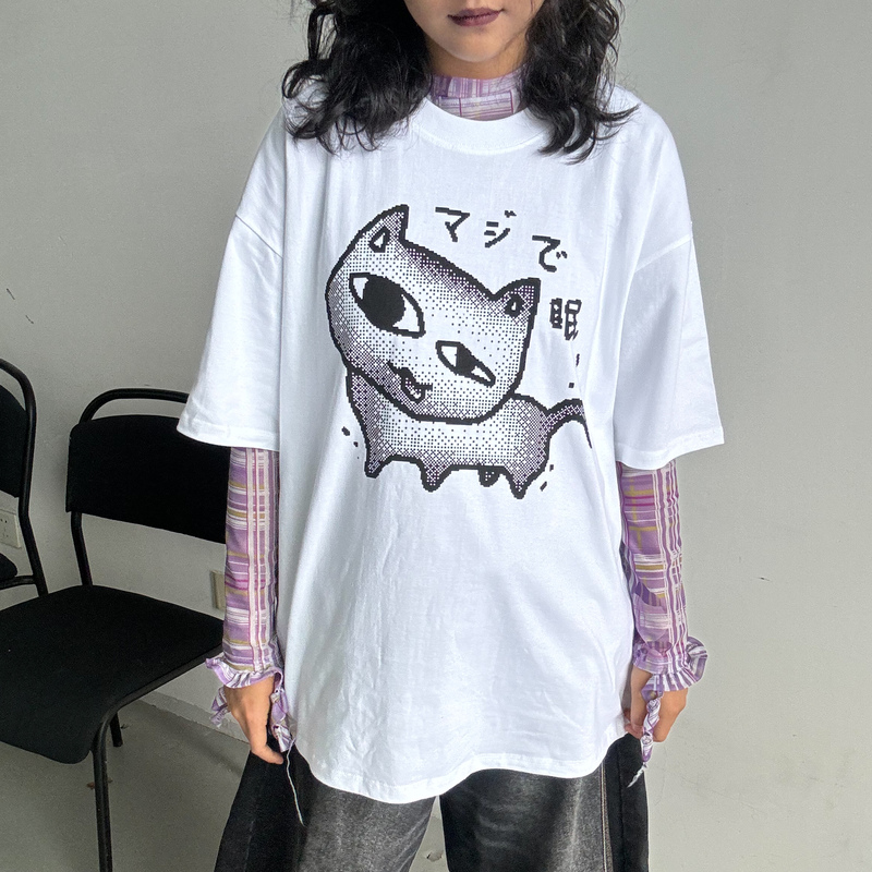 Thread Hilo Original Illustration Unconscious Kitten Cute and Fun Heavyweight Pure Cotton Mesh Printed T-Shirt
