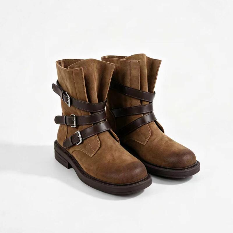 Missko Coco Sister Coco's American Retro Brown Cowboy Boots, Versatile for Autumn and Winter, Made of Distressed Cow Suede, Mid-Calf Work Boots