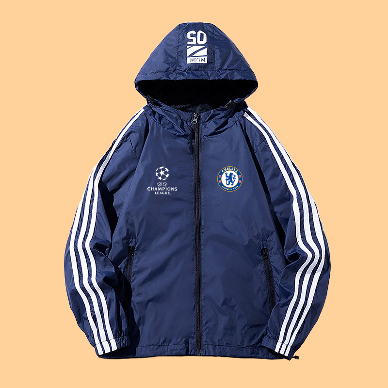 Champions League Chelsea Football Sports Windbreaker Jacket for Men, Spring and Autumn Training Windproof Zipper Large Size Jacket Mountaineering Clothing