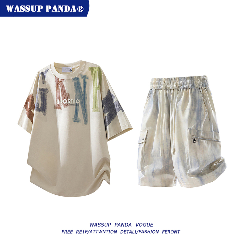 Wassup Panda Casual Sports Suit for Men, Summer Trendy Brand Short-Sleeve T-Shirt and Shorts, Complete Set of Clothes and Pants