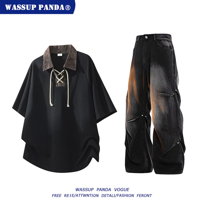 Wassup Panda American-Style Tie-Up Design Polo Shirt Short-Sleeved Suit Men's Summer Trendy Brand T-Shirt Jeans