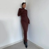 Приталенное платье, бархатный корсет, поясная сумка, базовая длинная юбка, изысканный стиль, высокий воротник, с акцентом на бедрах