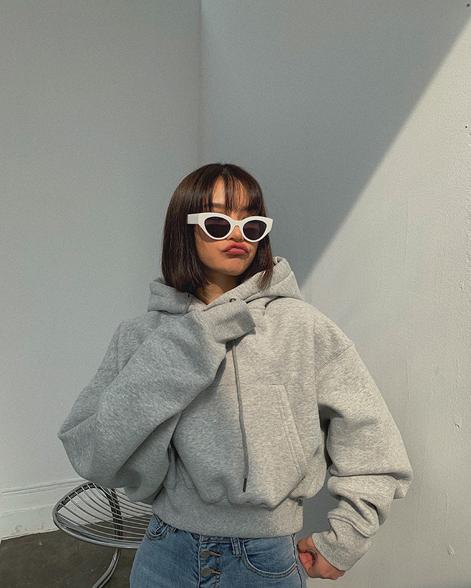 Basic Wear Black Charcoal Hoodies for Women Autumn Winter Loose Fleece Hooded Sweatshirts Streetwear Cropped Pullovers
