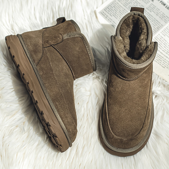 Men's Snow Boots, Northeast Cold-Resistant, Non-Slip Loafers, Trendy Genuine Leather Cotton Boots, Winter Fleece-Lined, Thickened, Warm Large Cotton Shoes