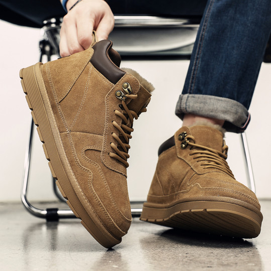 Men's Wool Snow Boots for Outdoor Use, Cold-Resistant, Non-Slip, Genuine Leather, Winter Fleece-Lined, Thickened, Warm, High-Top, Large Cotton Shoes for Northeast