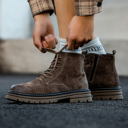 Martin Boots for Men, Winter Fleece-Lined High-Top Shoes, Genuine Leather Casual Retro Short Boots, Mid-Top British Style Thick-Soled Work Boots