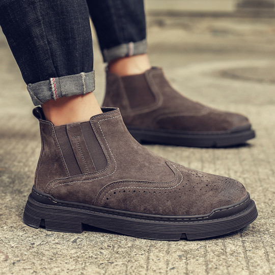 Chelsea Boots Men's Winter High-Top Shoes British Style Genuine Leather Trendy New Short Boots Breathable Retro Mid-Top Martin Boots