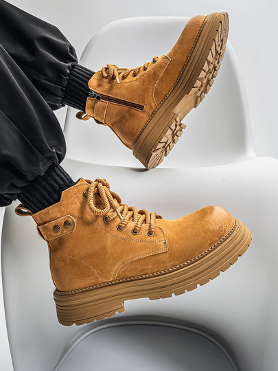 Martin Boots for Men, Winter Genuine Leather High-Top Shoes, British Style Thick-Soled Couple's Yellow Boots, Fleece-Lined Outdoor Mid-Top Work Boots