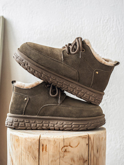 Men's Wool Snow Boots, Cold-Resistant and Warm, Outdoor Non-Slip Trendy Genuine Leather Winter Boots with Added Fleece and Thickened Insulation, Suitable for Northeastern Extreme Cold