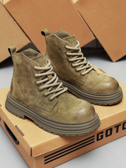 Martin Boots for Men, Winter Genuine Leather High-Top Shoes, British Style Thick-Soled Couple's Yellow Boots, Fleece-Lined Outdoor Mid-Top Work Boots