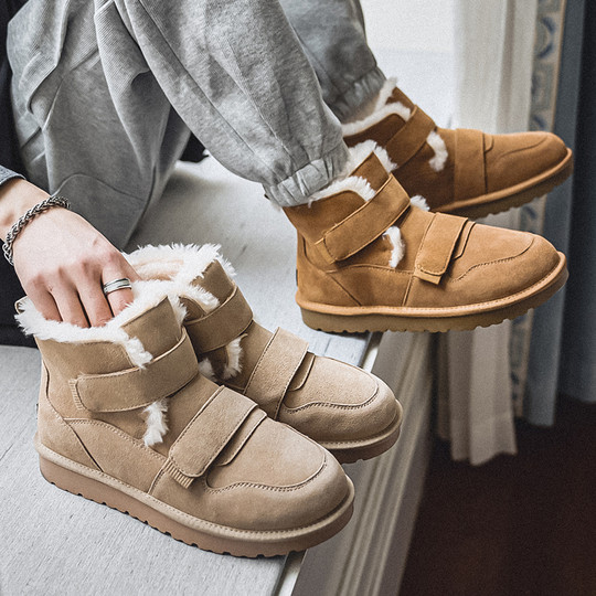 Men's Winter Snow Boots with Plush Lining, Thickened Cotton Shoes for Women, Warm Couple Style Loafers, Genuine Leather Cold-Resistant Cotton Boots