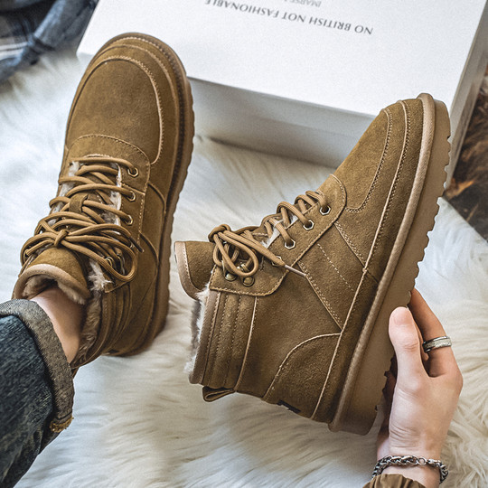 Men's Snow Boots, Northeast Cold-Resistant, Non-Slip, Thick-Soled, Trendy Genuine Leather High-Top Winter Boots, Fleece-Lined, Thickened, Warm, Large Cotton Shoes