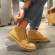 Winter Martin Boots for Men, Mid-Top Trendy Short Boots, British Style, Fleece-Lined High-Top Shoes, Retro Korean Style, Genuine Leather Yellow Work Boots