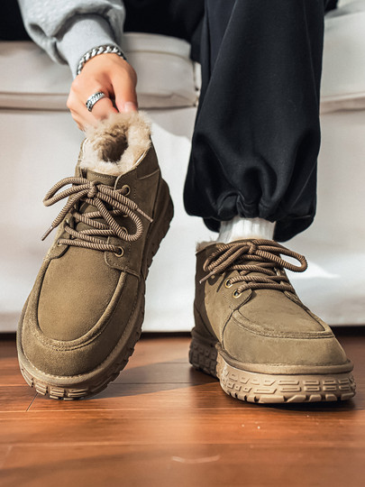 Men's Wool Snow Boots, Cold-Resistant and Warm, Outdoor Non-Slip Genuine Leather, Winter Fleece-Lined and Thickened, High-Top Large Cotton Shoes for Northeast