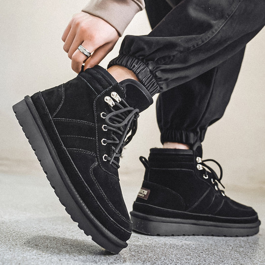 Men's Winter Snow Boots with Fleece Lining, Thickened for Warmth, High-Top Non-Slip Genuine Leather Cotton Boots, Outdoor Cotton Shoes for Northeast