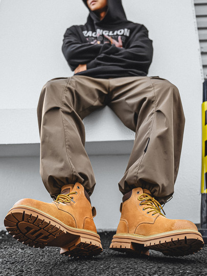 Martin Boots for Men, Winter Genuine Leather High-Top Shoes, British Style Thick-Soled Couple's Yellow Boots, Fleece-Lined Casual Mid-Top Work Boots