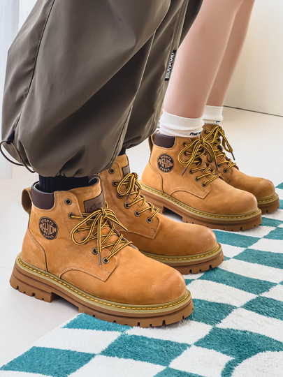 Martin Boots for Men, Winter Genuine Leather High-Top Shoes, British Style Height-Increasing Couple Boots, Yellow Boots with Fleece Lining, Outdoor Mid-Top Work Boots