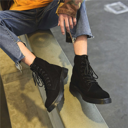 Martin Boots for Men, Black High-Top Shoes, Trendy British Style, Versatile Genuine Leather, Korean Style, Summer Breathable Mid-Top Work Boots