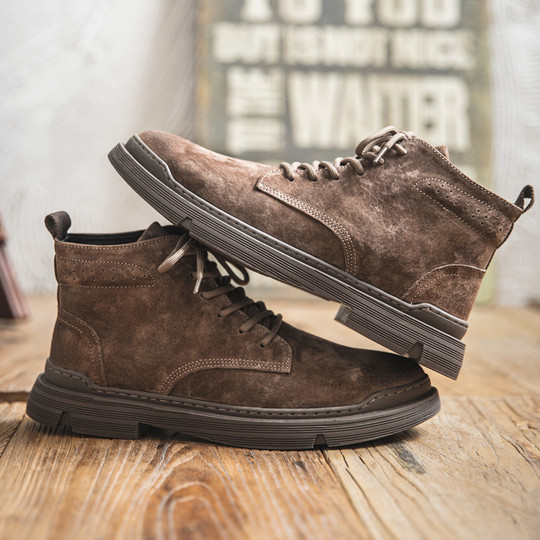 Winter Martin Boots for Men, Fleece-Lined High-Top Shoes, Trendy Genuine Leather Short Boots, British Style Mid-Top Snow Boots, Retro Work Boots