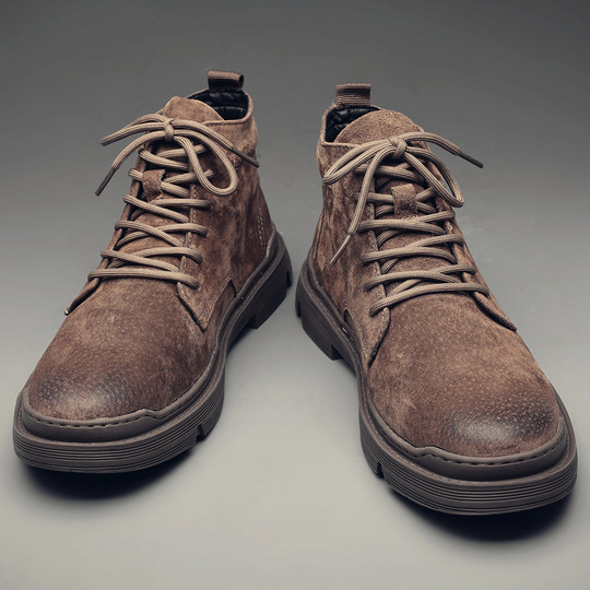 Martin Boots for Men, Winter Fleece-Lined High-Top Shoes, British Style Trendy Mid-Top Short Boots, Genuine Leather Korean Style Retro Work Boots