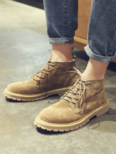 Martin boots men's winter velvet high-top shoes genuine leather trendy retro casual short boots mid-top British style work boots