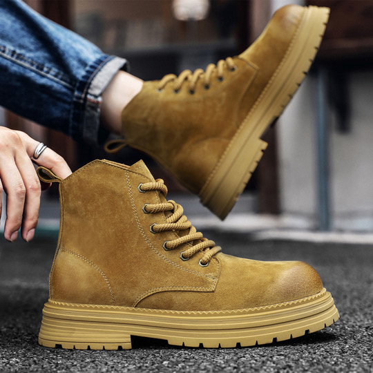 Martin Boots for Men, New Winter Style, Fleece-Lined High-Top Shoes, British Style, Genuine Leather, Korean Version, Trendy Mid-Top Casual Work Boots