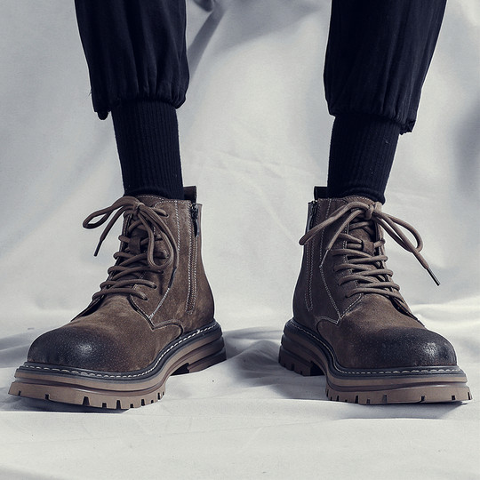 Martin Boots Men's Winter High-Top Shoes British Style Genuine Leather Mid-Top Trendy Short Boots Retro Fleece-Lined Korean Style Work Boots