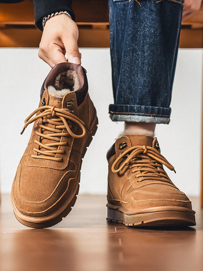 Men's Wool Snow Boots, Cold-Resistant, Warm, Outdoor, Non-Slip, Genuine Leather, Trendy, Winter, Fleece-Lined, Thickened, High-Top Cotton Shoes for Northeast