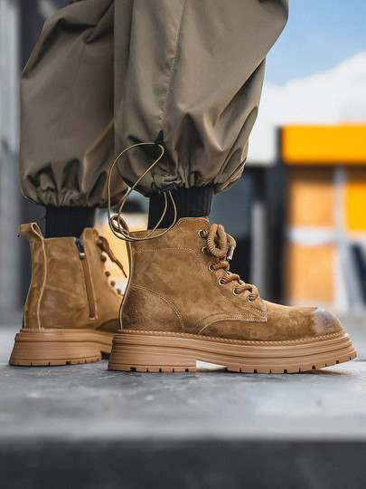 Martin Boots for Men 2025 New Winter Genuine Leather High-Top Shoes British Style Mid-Top Fleece-Lined Height-Increasing Retro Work Boots