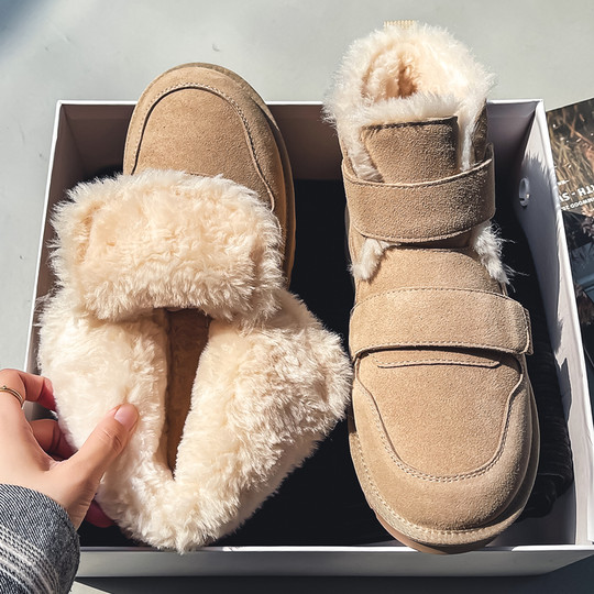 Men's Winter Snow Boots with Plush Lining, Thickened Cotton Shoes for Women, Warm Couple Style Loafers, Genuine Leather Cold-Resistant Cotton Boots