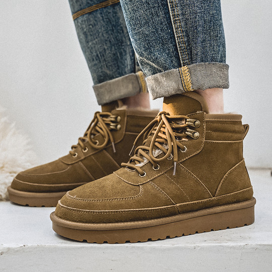 Men's Winter Snow Boots with Fleece Lining, Thickened for Warmth, High-Top Non-Slip Genuine Leather Cotton Boots, Outdoor Cotton Shoes for Northeast