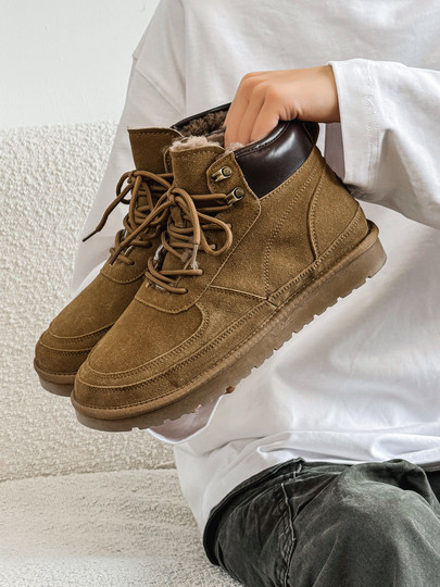 Men's Wool Snow Boots for Outdoor Use, Cold-Resistant, Non-Slip, Genuine Leather, Winter Fleece-Lined, Thickened, Warm, High-Top, Large Cotton Shoes for Northeast