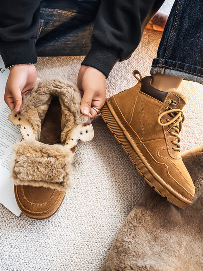 Men's Wool Snow Boots, Cold-Resistant, Warm, Outdoor, Non-Slip, Genuine Leather, Trendy, Winter, Fleece-Lined, Thickened, High-Top Cotton Shoes for Northeast