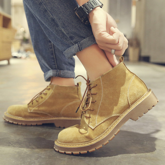 Martin Boots for Men, Winter Fleece-Lined High-Top Shoes, Retro Trendy Genuine Leather Versatile Short Boots, Mid-Top British Style Work Boots