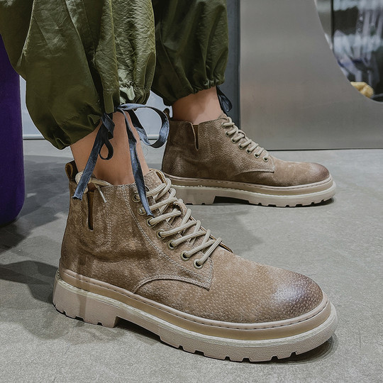 Martin Boots for Men, Winter High-Top Shoes, Trendy Genuine Leather British Style Short Boots, Retro New Style, Mid-Top Breathable Work Boots