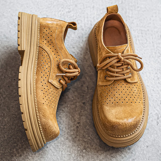 Men's Leather Shoes 2025 New Winter Thin Genuine Leather Hollow Casual Work Shoes Large Toe Breathable Height-Increasing Derby Shoes