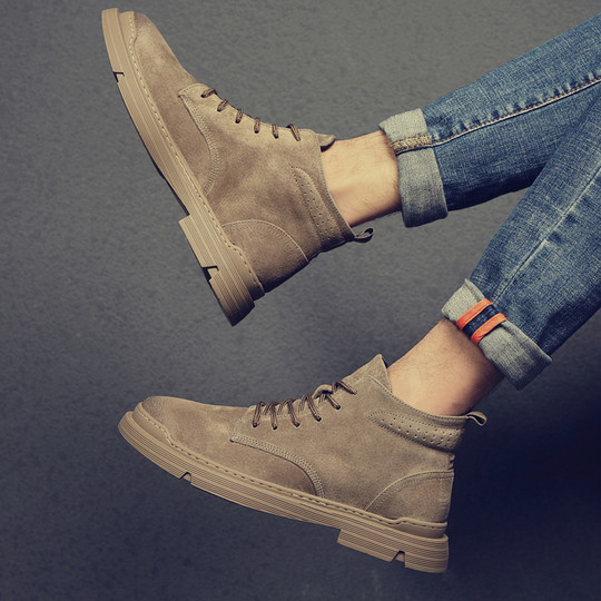 Martin Boots for Men, Winter Fleece-Lined High-Top Shoes, British Style Genuine Leather Short Boots, Mid-Top Retro Trendy Casual Work Boots