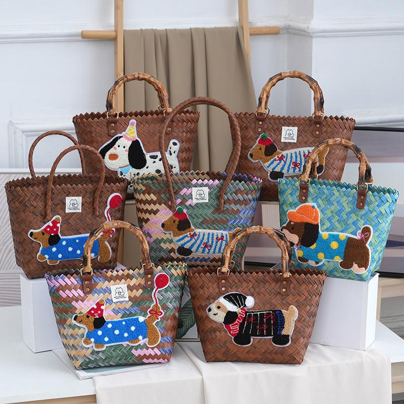 Dachshund Dog Basket Bag for Commuting to Work, Vintage Bamboo Bag, Waterproof Woven Bag, Lunch Box Bag, Handbag