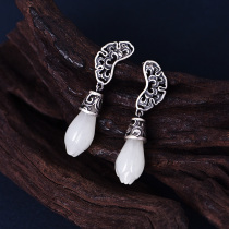 Magnolia earrings female sterling silver literary retro silver inlay Hetian jade earrings ethnic style hypoallergenic silver earrings