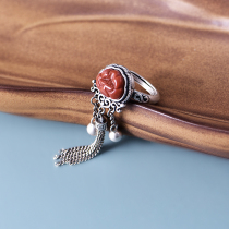 2021 New ring female sterling silver original niche design opening food ring south red tassel personality ring
