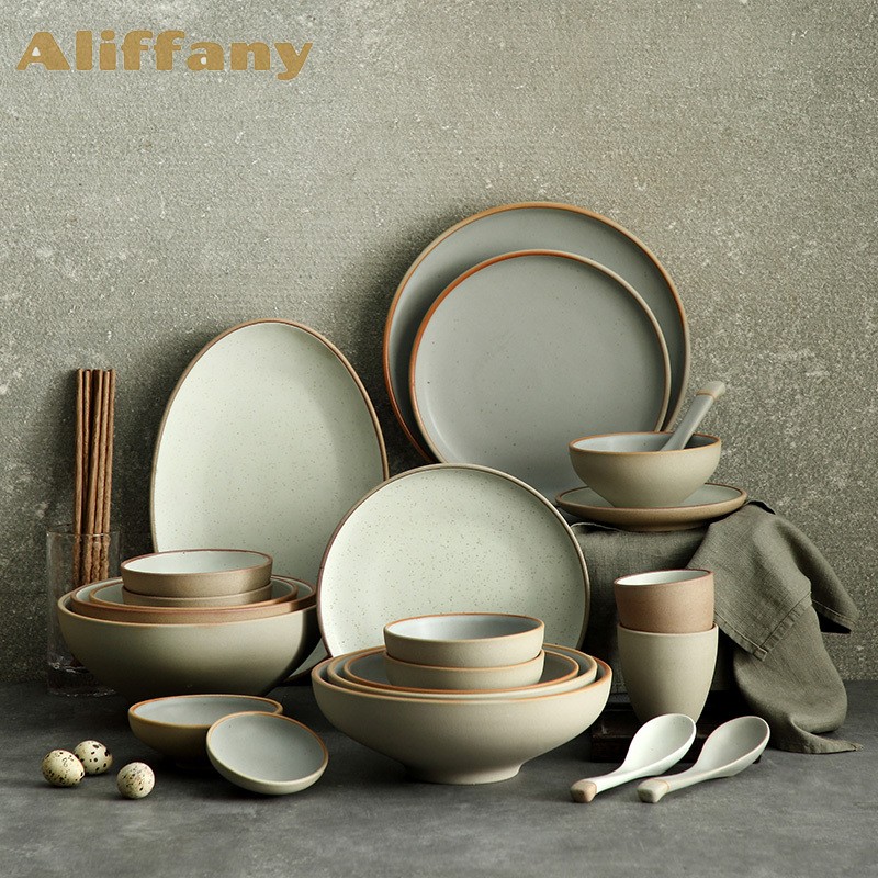 Aliffany Day-Style Dish Cutlery Sets Ceramic Bowls Tray Home Ceramic Flat Pan Soup Pan Bowl Tray Soup Bowl Composition