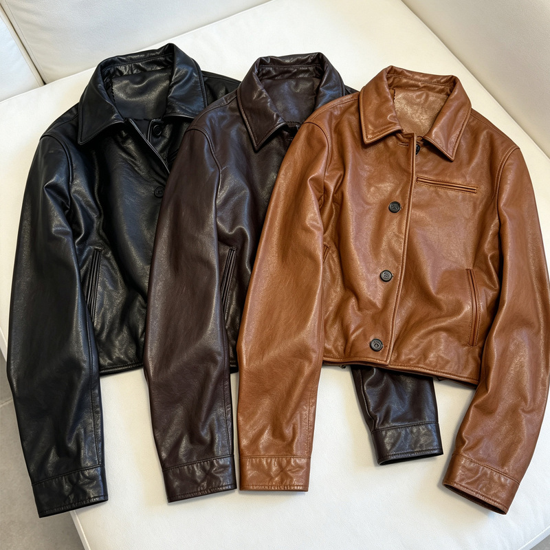 2026 Haining Oil Wax Sheepskin Leather Jacket for Women, Short Style with Lapel, Single-Breasted Genuine Leather Jacket, Vintage Petite Coat